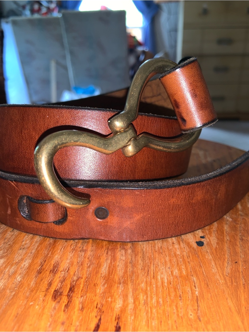 Brown Bridle leather brass folding Hoof Pick over under 35” Belt custom handmade